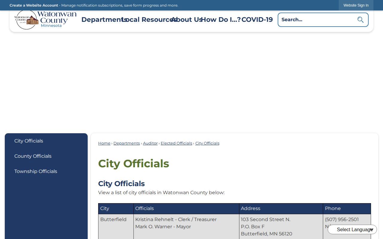 Official Watonwan County Butterfield city directory for Butterfield records routing