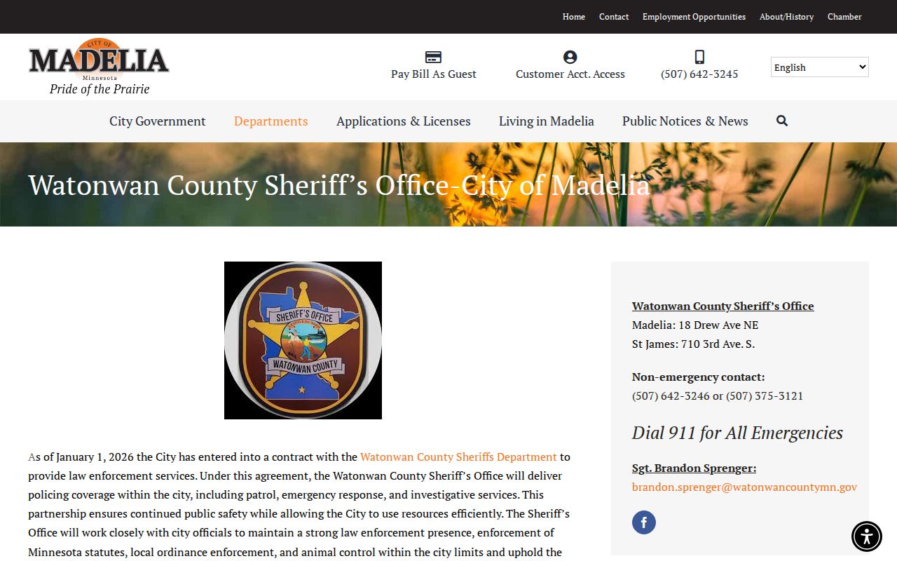 Madelia official sheriff contract page for Madelia arrest-record routing