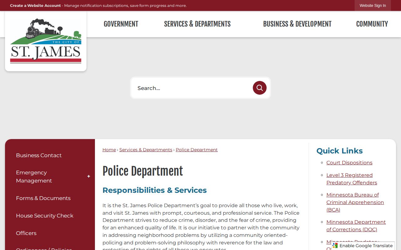 St. James Police Department official page for St. James arrest-record contacts