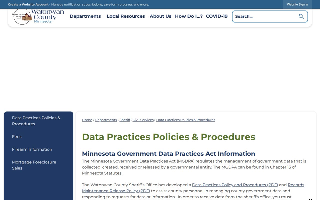 Watonwan County booking record data-practices page